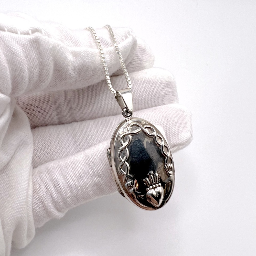 .925 Sterling Silver Claddagh Design Locket Necklace - Picture 6 of 17